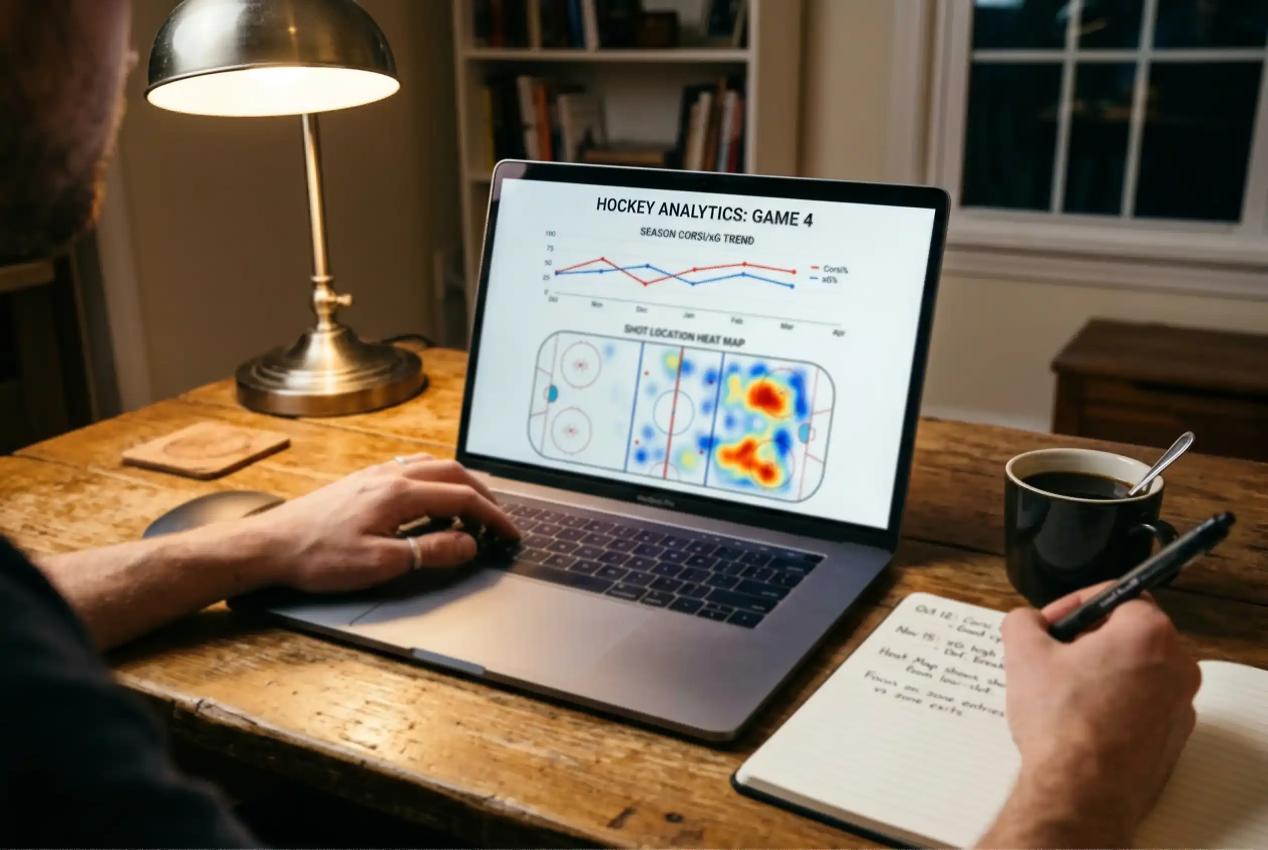 Bärbar dator med hockeystatistik och xG-diagram på skärmen, anteckningsblock bredvid