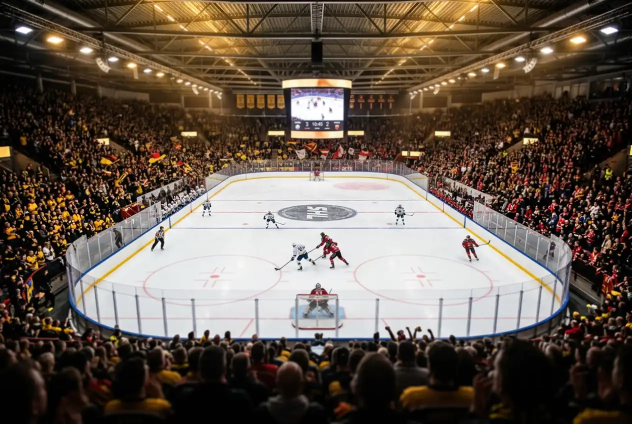 Ishockeyrink med SHL-match i full gång, publik i bakgrunden