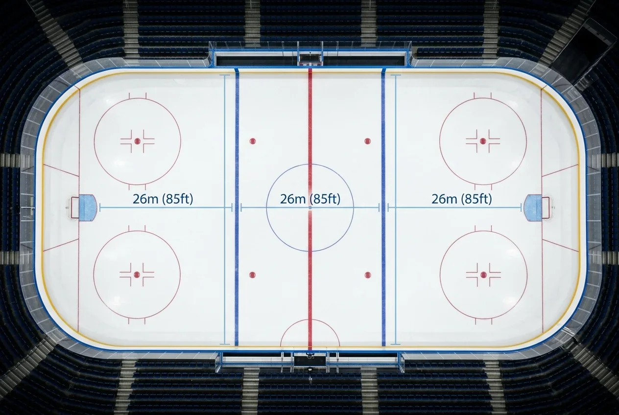 Vy uppifrån av en ishockeyrink med markeringar som visar skillnaden mellan internationell och nordamerikansk rinkbredd