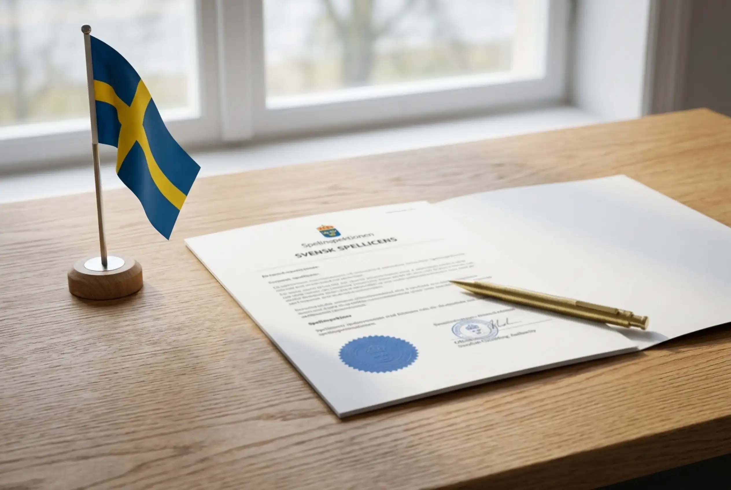 Svensk flagga bredvid ett dokument med officiell licensstämpel på ett skrivbord